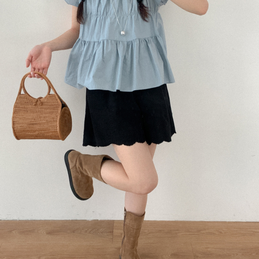 蝴蝶結刺繡布短褲